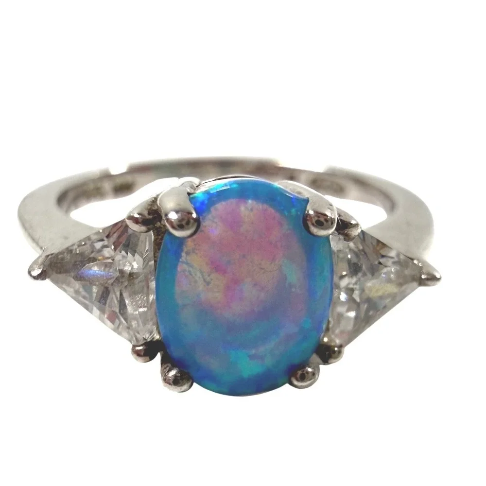 AVON Sterling Silver 925 Blue Lab Opal CZ Three Stone Ring Size 5 Vintage 1990s
